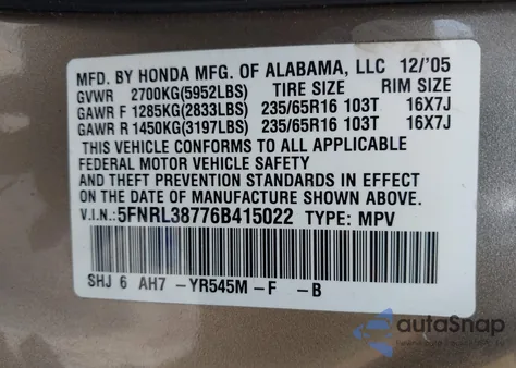 2006 Honda Odyssey Ex-L z USA, uszkodzony, nr VIN 5FNRL38776B415022